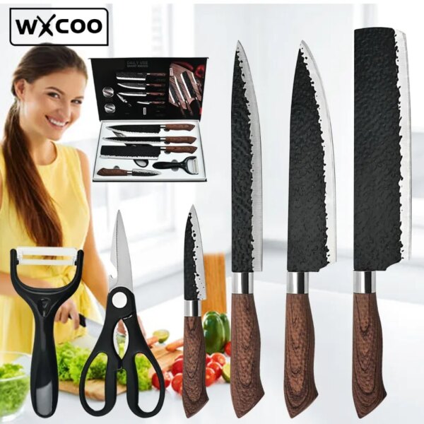 Kitchen Knives Set Forged Hammer Pattern Stainless Steel Slicing Chef Meat Cleaver Sharp Fruit Knife Kitchen Vegetable Scissors