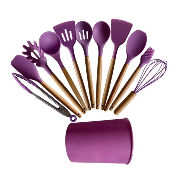 Kitchen Utensils Set Non-Stick Wooden Handle Silicone Cooking Tools Spatula Spoon Home Cookware Tools Kitchen Accessories