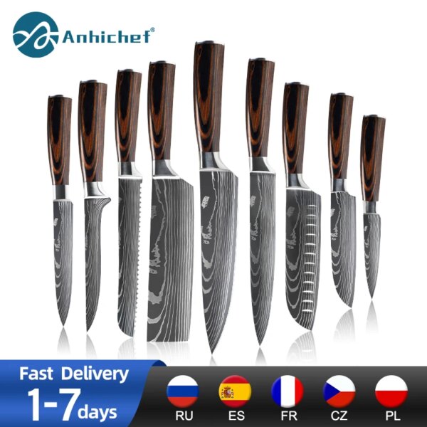 Kitchen knives Set Professional Chef Knives Japanese 7CR17 440C High Carbon Stainless Steel Imitation Damascus Pattern Knife Set