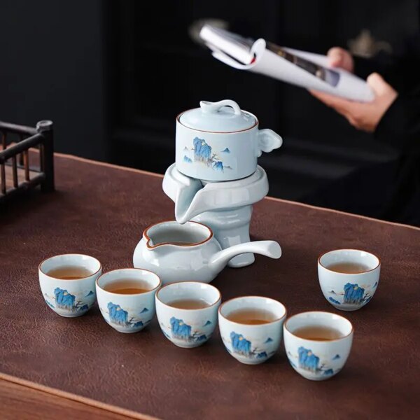 Kung Fu Tea Set Luxury Semi-automatic Tea Cups Sets of 6 Landscape Household Ceramics Ru Kiln Lazy People Japanese Teapot Cup