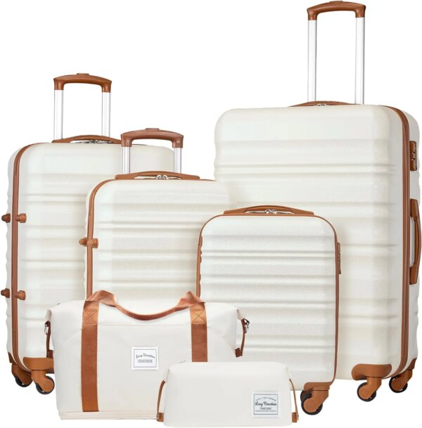 LONG VACATION Luggage Set 4 Piece Luggage Set ABS hardshell TSA Lock Spinner Wheels Luggage Carry on Suitcase (WHITE-BROWN, 6 pi