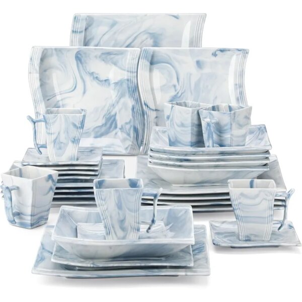 MALACASA Dinnerware Sets for 6 30 Piece Blue Square Plates and Bowls Sets Porcelain Dishes Dinnerware Set with Dinner Plate Set