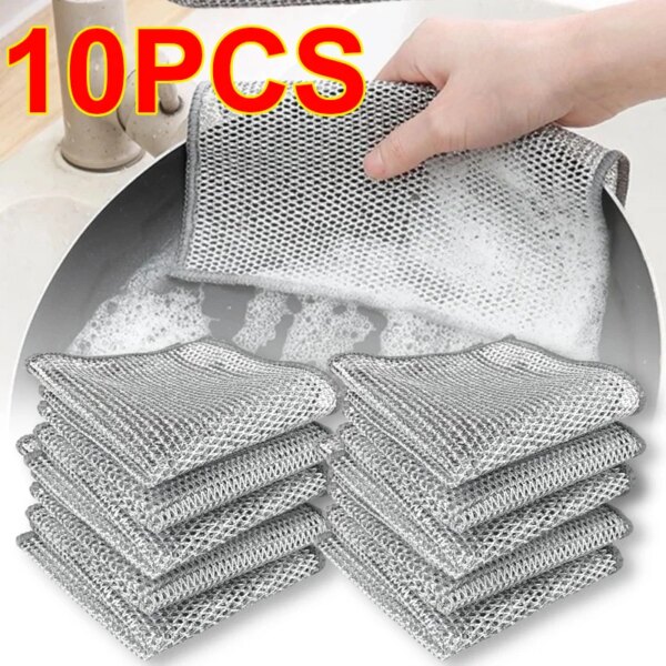 Magic Metal Wire Dishcloth Double Layer Thickened Cleaning Cloths Microfiber Wash Cloth Towel Kitchen Dishwashing Scouring Pads