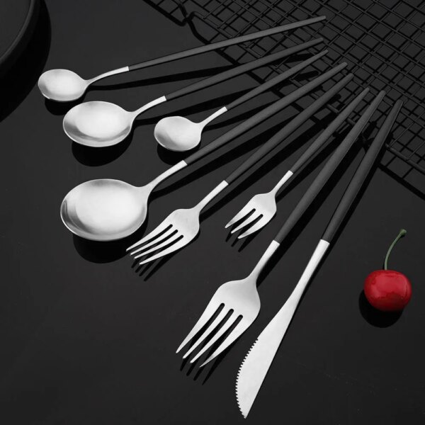 Matte Black Silver Cutlery Set Kitchen Tableware Restaurant Western Dinnerware Knife Dessert Fork Coffee Spoon Teaspoon Flatware