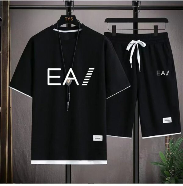 Men's new summer breathable set, round neck short sleeved+two-piece set of 5/4 shorts, with the letters EA1 printed