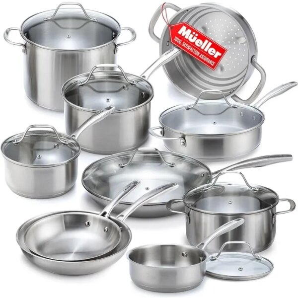 Mueller Pots and Pans Set 17-Piece, Ultra-Clad Pro Stainless Steel Cookware Set, Ergonomic EverCool Handle,