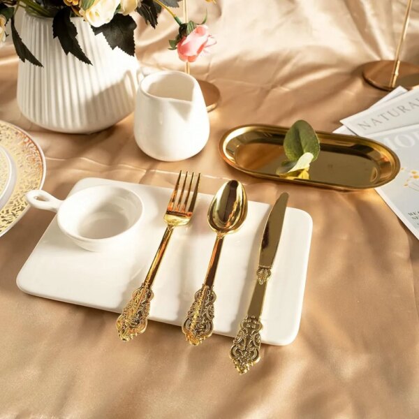 N9R 300pcs Gold Plastic Silverware Dinnerware Flatware- Heavyweight Gold Plastic Cutlery Set