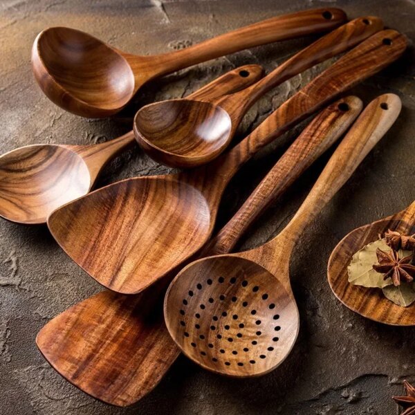 Natural Wooden Tableware Teak Wood Nanmu Spoon Extra Long Leaking Spoon Soup Spoon Cooking Spoon Kitchen Utensils Cooking