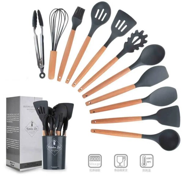 New Style Wooden Handle Silicone Kitchenware European Style Non-Stick Cookware Kitchen Tool Baking Set