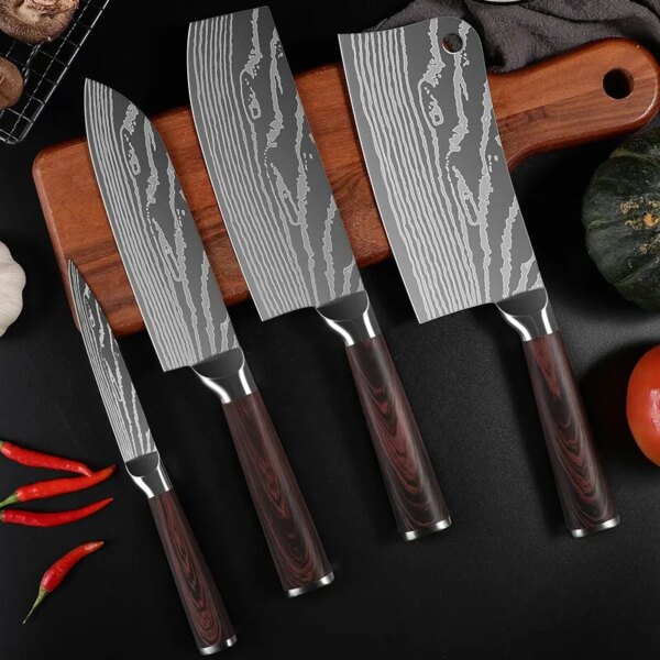 PLYS 1-4PCS Kitchen Knife Set Damascus Laser Pattern Chef Knife Kitchen Chopping Knife Sharp Slicing Knife