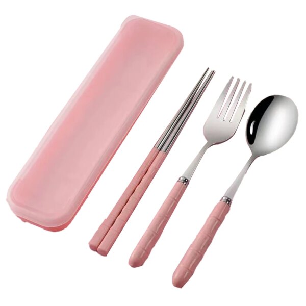 Pink 3 Piece Set Of Stainless Steel Chopsticks Spoons Forks Student Adult Travel Cafeteria Portable Tableware