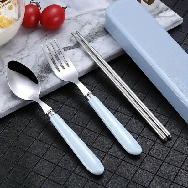 Portable Stainless Steel Cutlery Suit with Storage Box Korean Style Chopstick Fork Spoon Travel Kitchen Tableware Dinnerware Set