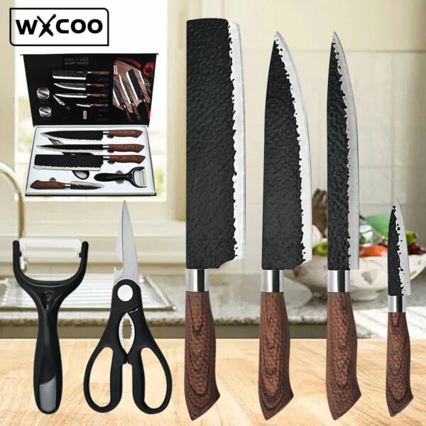 Professional Chef Knives Stainless Steel Forged Hammer Pattern Sharp Slicing Meat Cleaver Kitchen Scissors Vegetable Fruit Knife