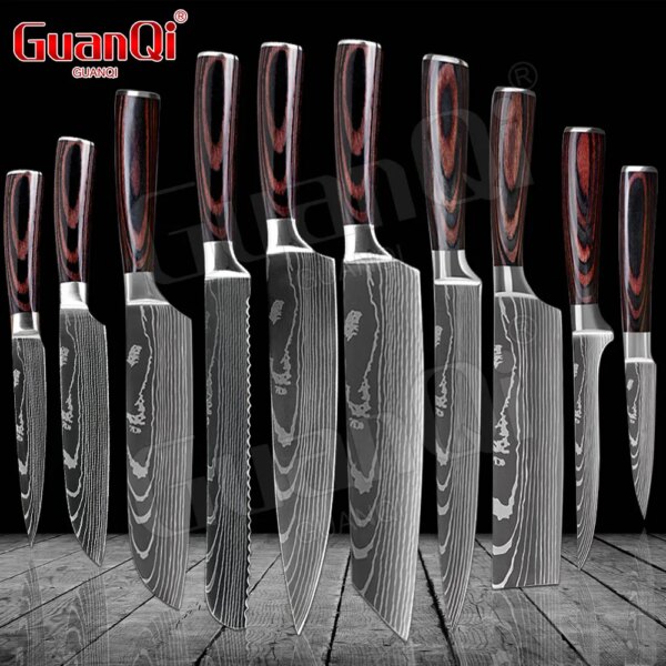 Professional Kitchen Knives Sets Sharp Cleaver Slicing Knife Wood Handle Cooking Tool Laser Damascus Pattern knives set 1-10PCS