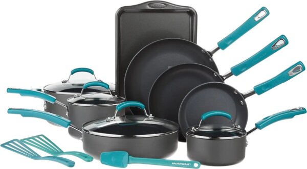 Rachael Ray Classic Brights Hard Anodized Nonstick Cookware Pots and Pans Set, 15 Piece - Agave Blue kitchen  cooking pot