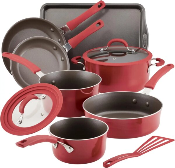 Rachael Ray Cook + Create Nonstick Cookware/Pots and Pan Set, 10 Piece, Red