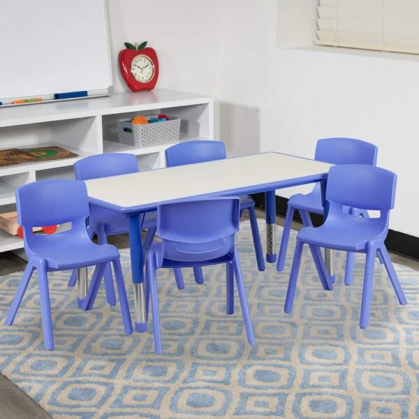 Rectangular Blue Plastic Height Adjustable Activity Table Set with 6 Chairs， Kids Study Table and Chair