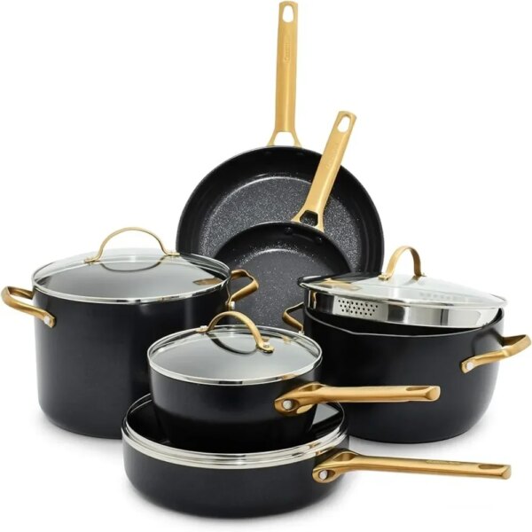 Reserve Hard Anodized Healthy Ceramic Nonstick 10 Piece Cookware Pots and Pans Set Oven Safe Gold Handle PFAS-Free Black Kitchen