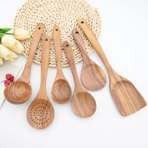 Reusable Natural Wood Cooking Utensil Set Spatula Soup Spoon Brush Ladle Pasta Colander Non-stick Cookware Home Kitchen Tool Kit