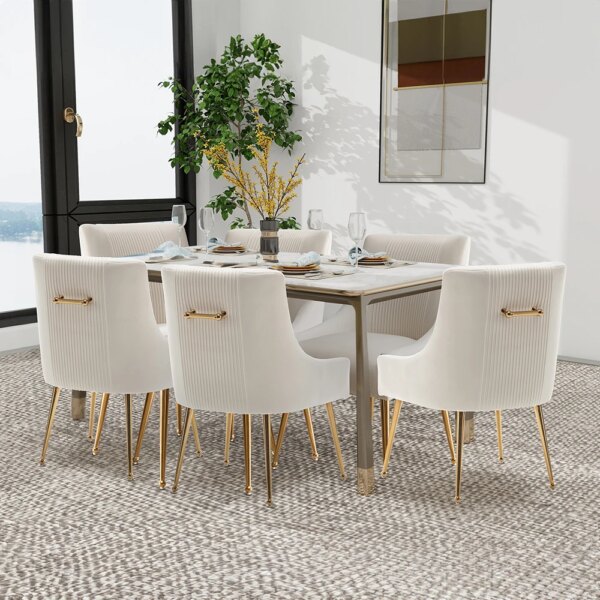 SEYNAR Modern Velvet Dining Chairs Set of 6, Upholstered Barrel Pleated Side Accent Chair with Metal Legs for Kitchen