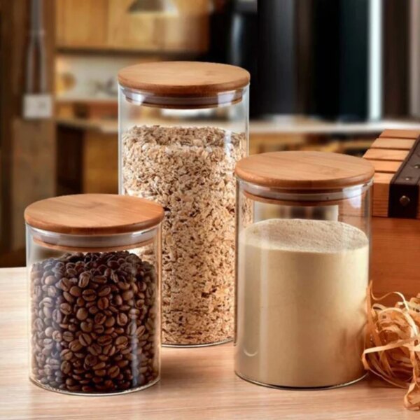 Sealing Kitchen Grain Tea Mason Storage Tank With Bamboo Cover Glass Jars For Spices Condiments Organizer Airtight Container