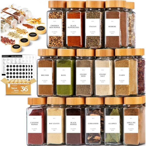 Seasoning Organizer Glass Spice Jars with Bamboo Lids Labels 36 Pieces Kitchen