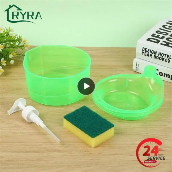 Self Cleaning Creative Kitchen Dishwashing Liquid Dispenser Press Box Soap Dispensing Box With Sponge Dishwashing Brush Set