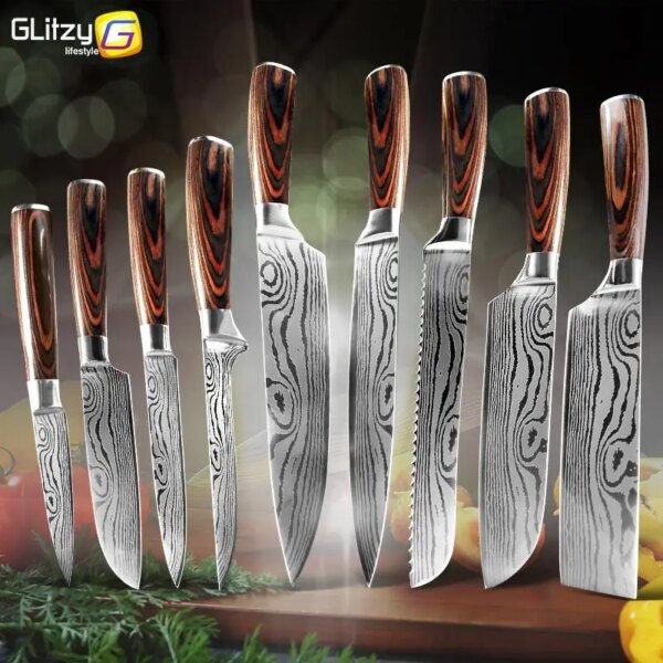 Set of Kitchen Knives 1- 3Pcs 8 inch Chef Knives Stainless Steel Damascus Laser Japanese Cleaver Knife Kiritsuke Santoku Slicer