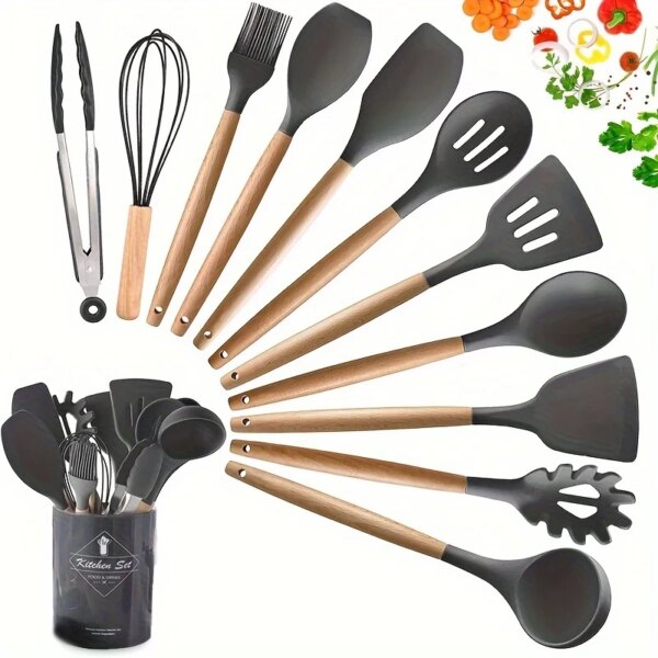 Silicone Cookware Set Round Bucket 12 Piece Non-Stick Cooking Spatula Spoon Kitchen Tools