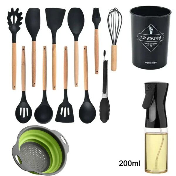 Silicone Kitchen Utensils 12pcs/Set Wooden Handle Non Stick Pot Spatula Spoon Kitchen Cookware With Storage Bucket Cookware Set