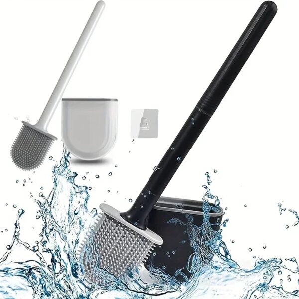 Silicone Toilet Brush Cleaning Brush Flat Head Flexible Wall Mounted Black Toilet Bowl Cleaner Brush Holder Set for WC Bathroom