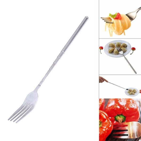 Silver Stainless Telescopic Extendable Fork Dinner Fruit Dessert Long Cutlery BBQ Meat Fork Kitchen Practical Tools