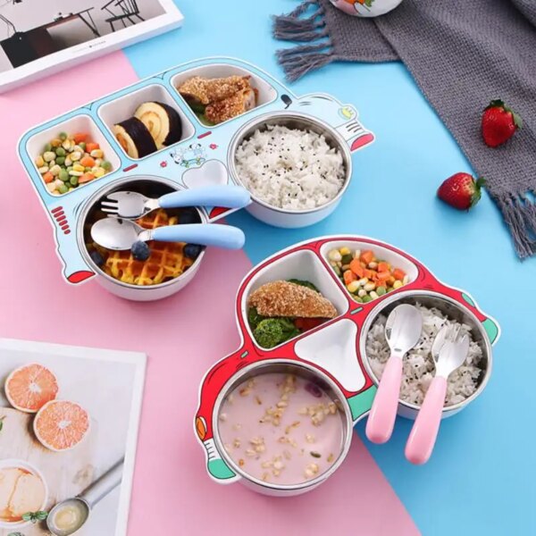 Stainless Steel Baby Feeding Bowl Children Tableware Set Cute Cartoon Car Shape Eating Training Dishes Plate with Spoon Fork