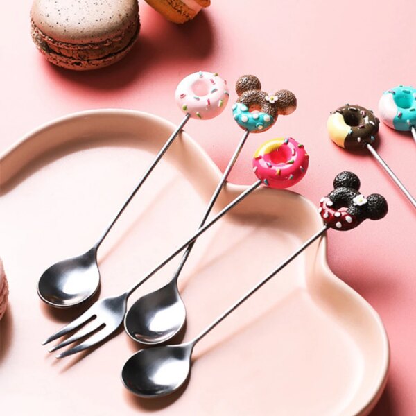 Stainless Steel Doughnut Spoon Fork Coffee Cake Dessert Tea Ice Cream Cartoon Teaspoon Stirring  Candy Cute Kids Dinnerware