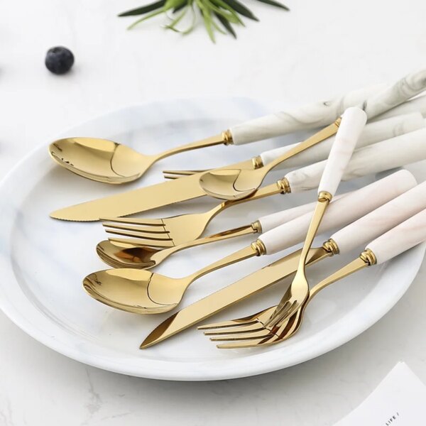 Stainless Steel Flatware Cutlery Set Gold Dinnerware Set Emerald Marble Ceramic Handle Knife Fork Tea Spoon Dinner Set Tableware