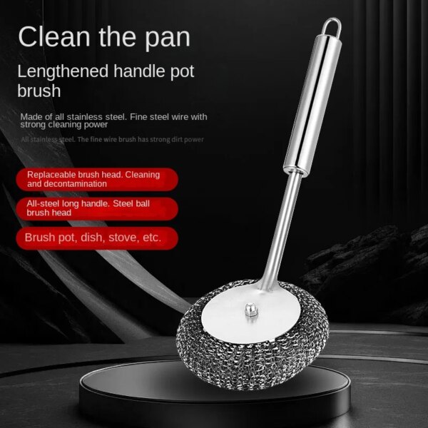 Stainless Steel Long Handle Cleaning Brush with Steel Wire Ball for Kitchen