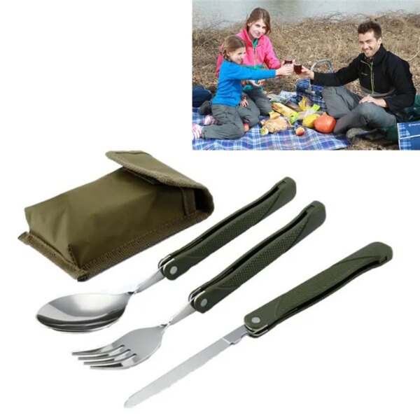 Stainless Steel Portable Folding Cutlery Set Fork Knife With Army Green Pouch Survival Camping Bag Outdoor Cutlery Container