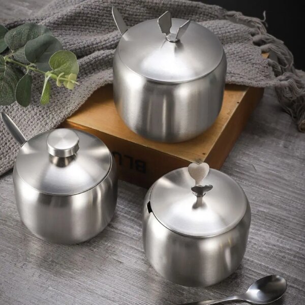 Stainless Steel Sugar Bowl Spice Jar Seasoning Pot Storage Jar with Lid Spoon