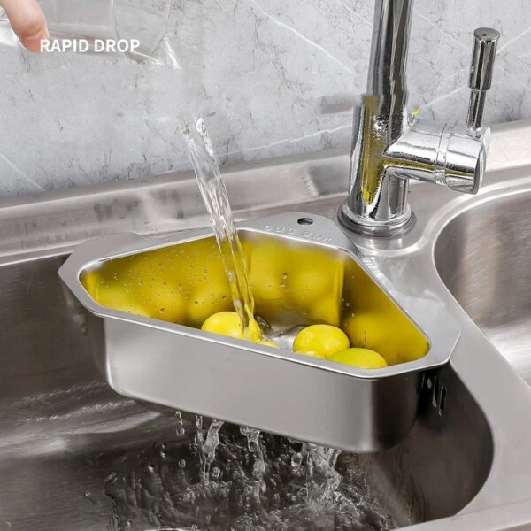 Stainless Steel Triangle Drain Basket Kitchen Sink Filter Shelf Fruit Vegetable Drainer Storage Rack Basket Bar with Suction Cup