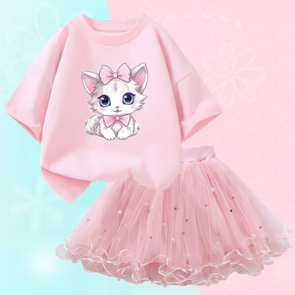 Summer Little Girls Clothing Cute Cat T Shirt& mesh Tutu Skirt Two Piece Set Fashion Korean Children Clothes Outfits 3-14years