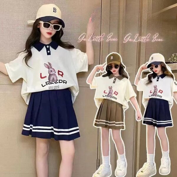 Summer Teenage Girls Clothes Set Children Lapel Tshirt and Pleats Skirts Suit Student School Short Sleeve Top Bottom Outfits