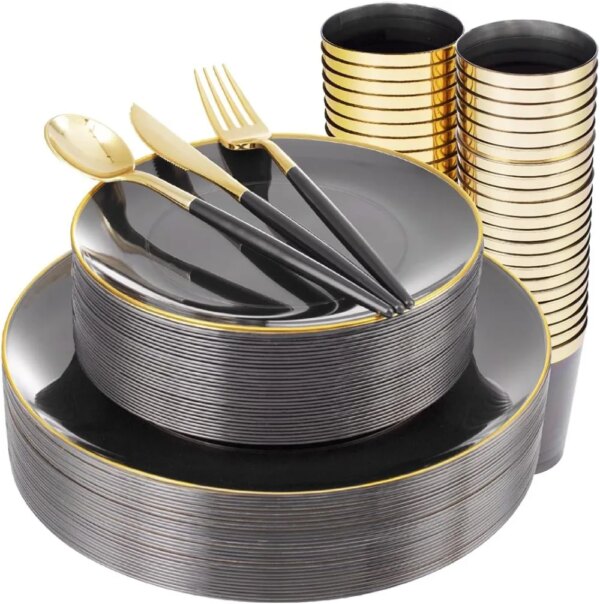 Supernal 180pcs Black Plastic Dinnerware Set,Black Plastic Plates,Clear Plates with Gold Rim,Gold Plastic Silverware