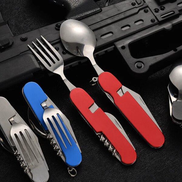 Tablespoon Set 4 In 1 Foldable Spoon Knife Fork Bottle Opener Stainless Steel Folding Pocket Kits Outdoor Tableware Set