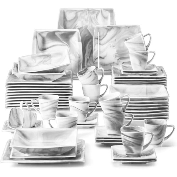 Tableware Set, Suitable for 12 Pieces and 60 Pieces of Marble Porcelain Plates, Bowls and Cups Set, Square Tableware Set