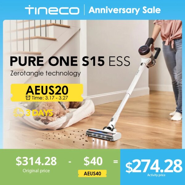 Tineco Pure ONE S15 Ess Smart Cordless Vacuum Cleaner Stick Vacuum Brush Deep Clean Hard Floor Carpets Pet Hair Clean LED Light