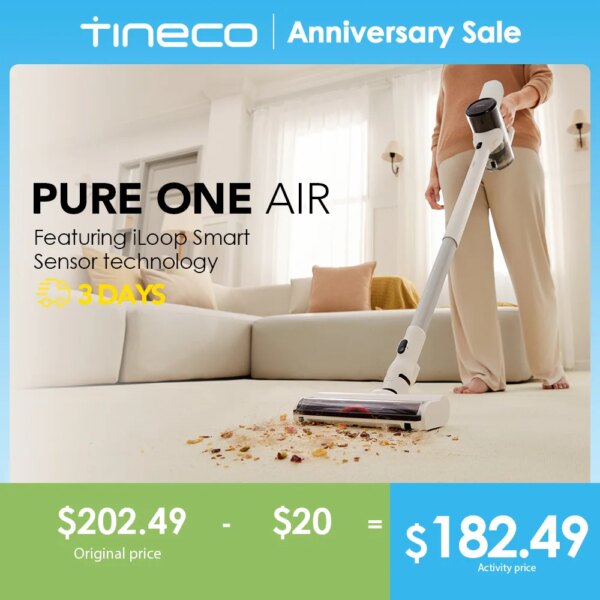 Tineco Pure One Air Cordless Vacuum Cleaner for Home Mop Super Lightweight Wireless Quiet Powerful Suction Cleaning Machine