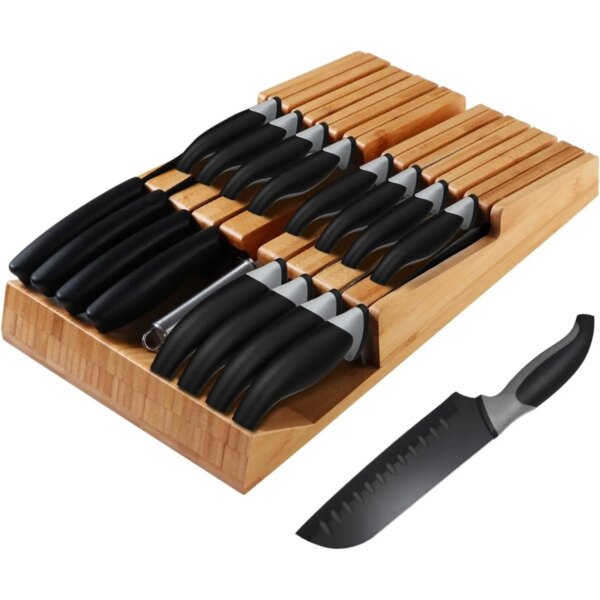 US NIUXX In-Drawer Knife Block with 16 Knives, Bamboo Knife Organizer for Steak Knives