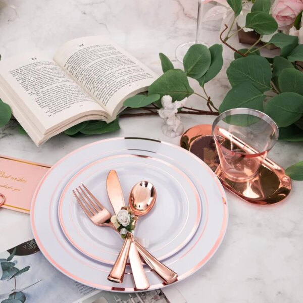 WELLIFE 350 Pieces Rose Gold Plastic Dinnerware, 50 Guests Disposable Plates with Rose Gold silverware and Cups 9 OZ