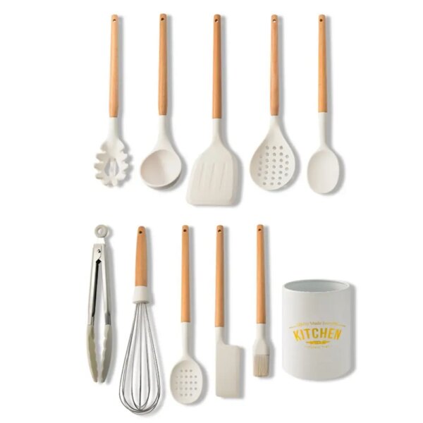 White Cooking Kitchenware Tool Silicone Utensils With Wooden Multifunction Handle Non-Stick Spatula Ladle Egg Beaters Shovel