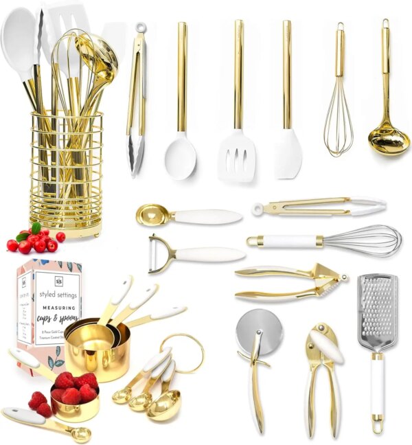 White and Gold Kitchen Utensils Set - 23 Piece Luxe White and Gold Kitchen Accessories Include Gold Measuring Cups